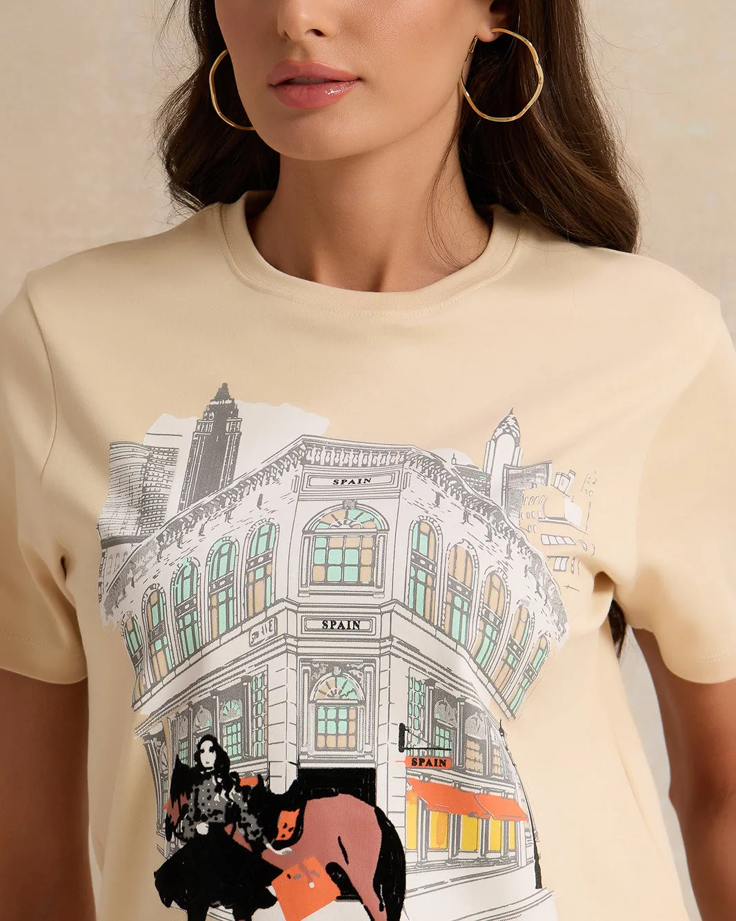 Women Beige Printed And Embroidered Short Sleeve T-Shirt