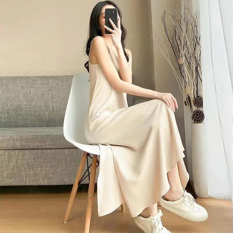 Women's Dress Summer Spaghetti Satin Long Woman Dress Very Soft Smooth