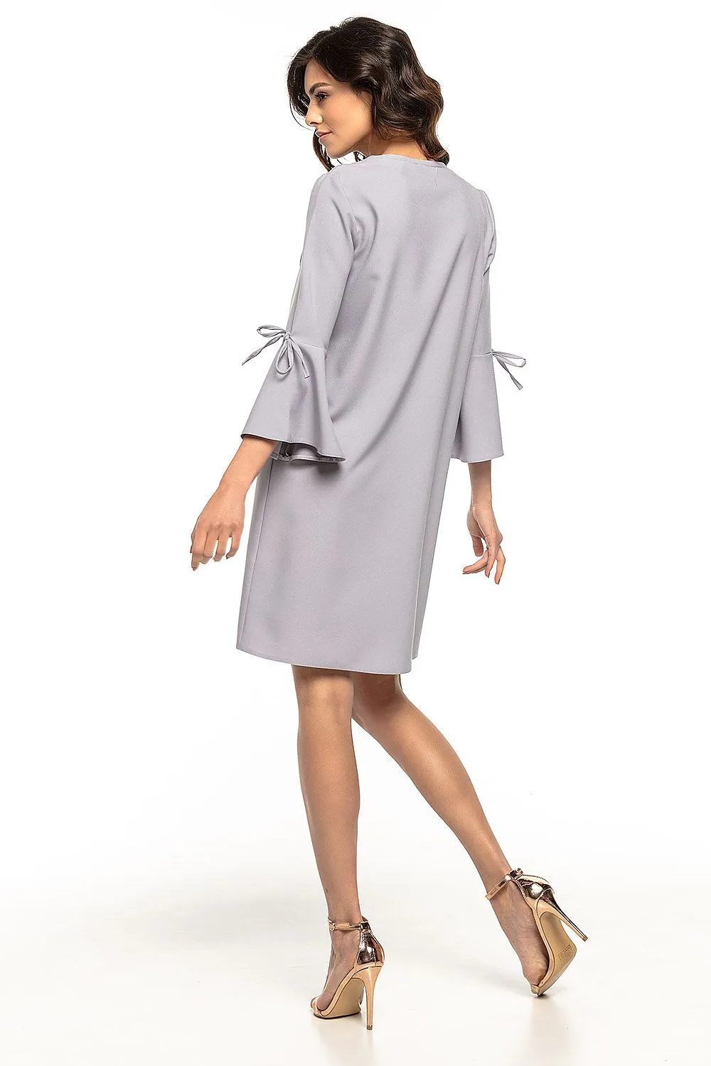 Women's Light Grey Cocktail Dress with Bow-Tied 3/4 Sleeves and Relaxed Fit