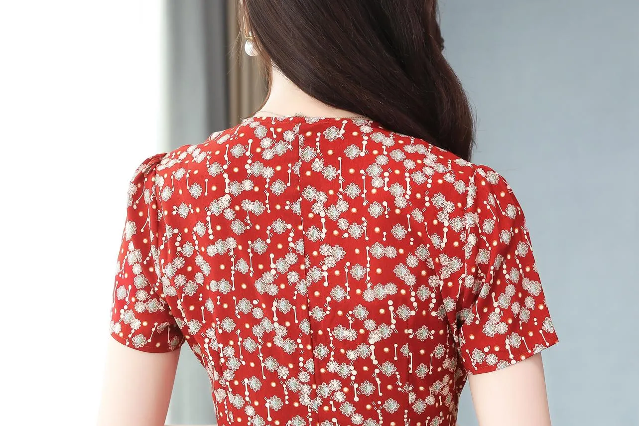 Women's Vacation-Ready Chiffon Dress with V-Neck and Waist Gather
