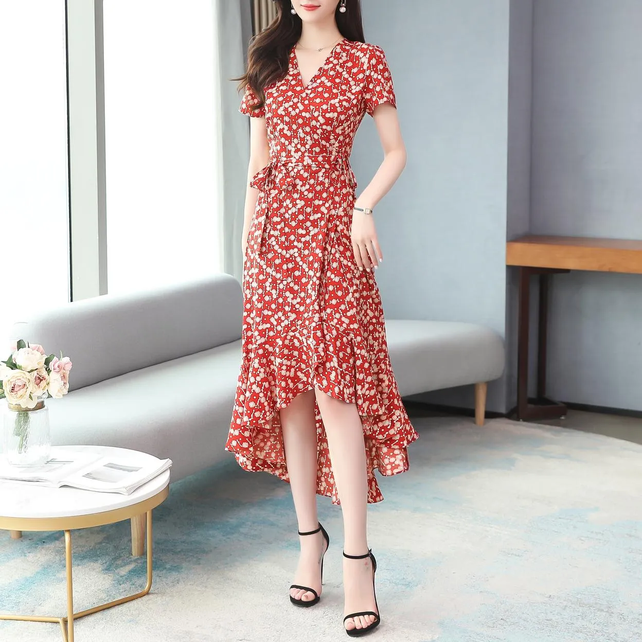 Women's Vacation-Ready Chiffon Dress with V-Neck and Waist Gather