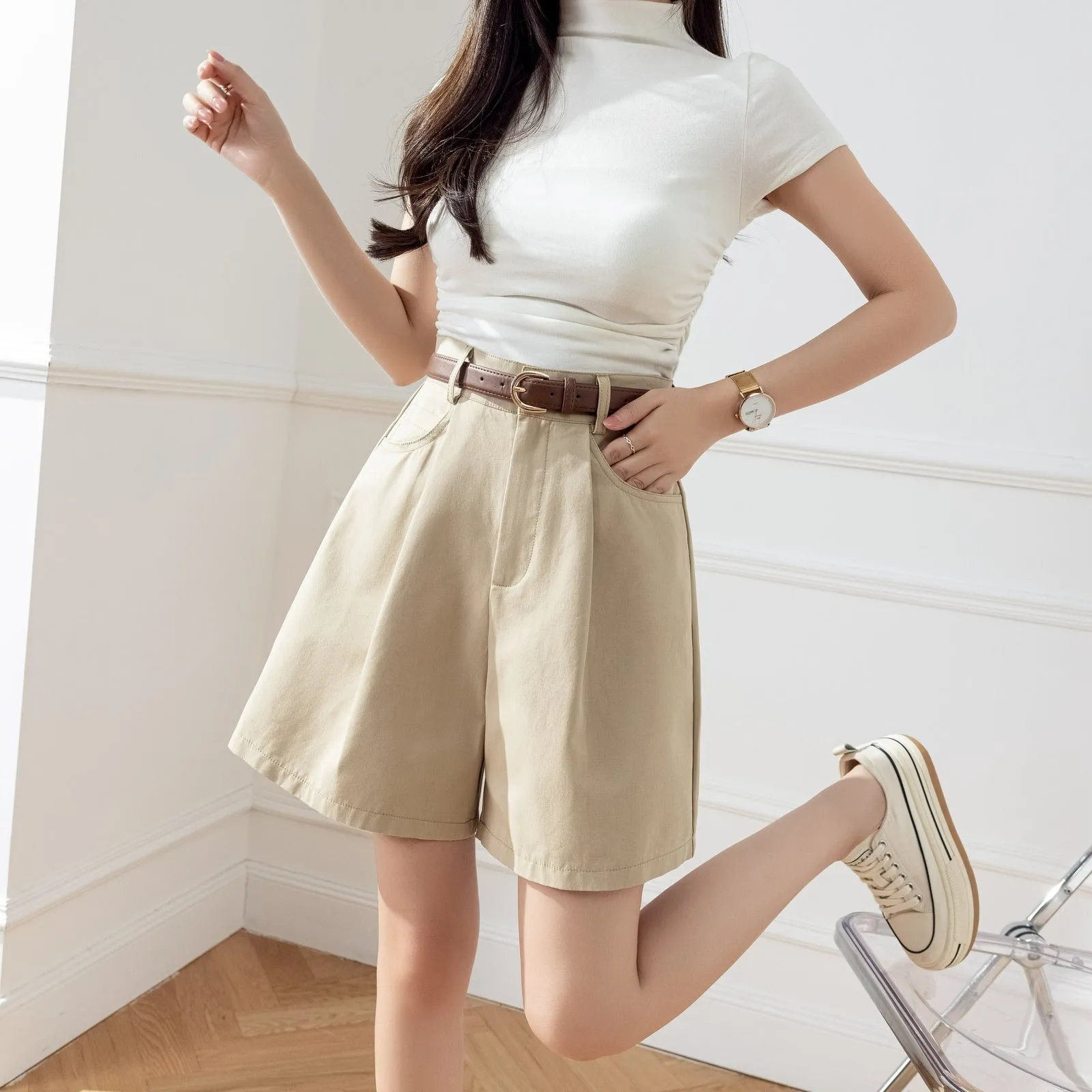 Women's Versatile A-Line Wide Leg Chino Shorts for Casual Wear