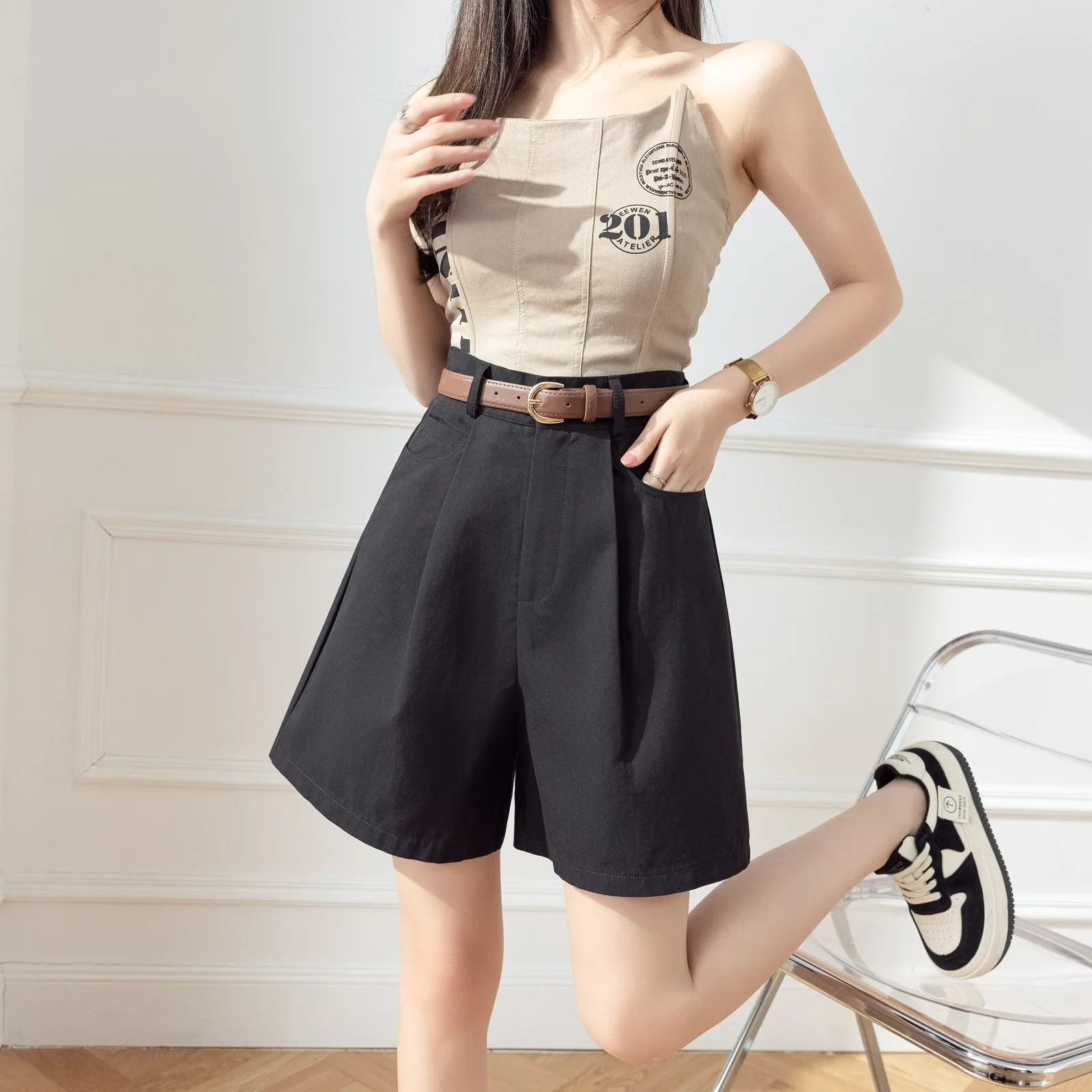 Women's Versatile A-Line Wide Leg Chino Shorts for Casual Wear