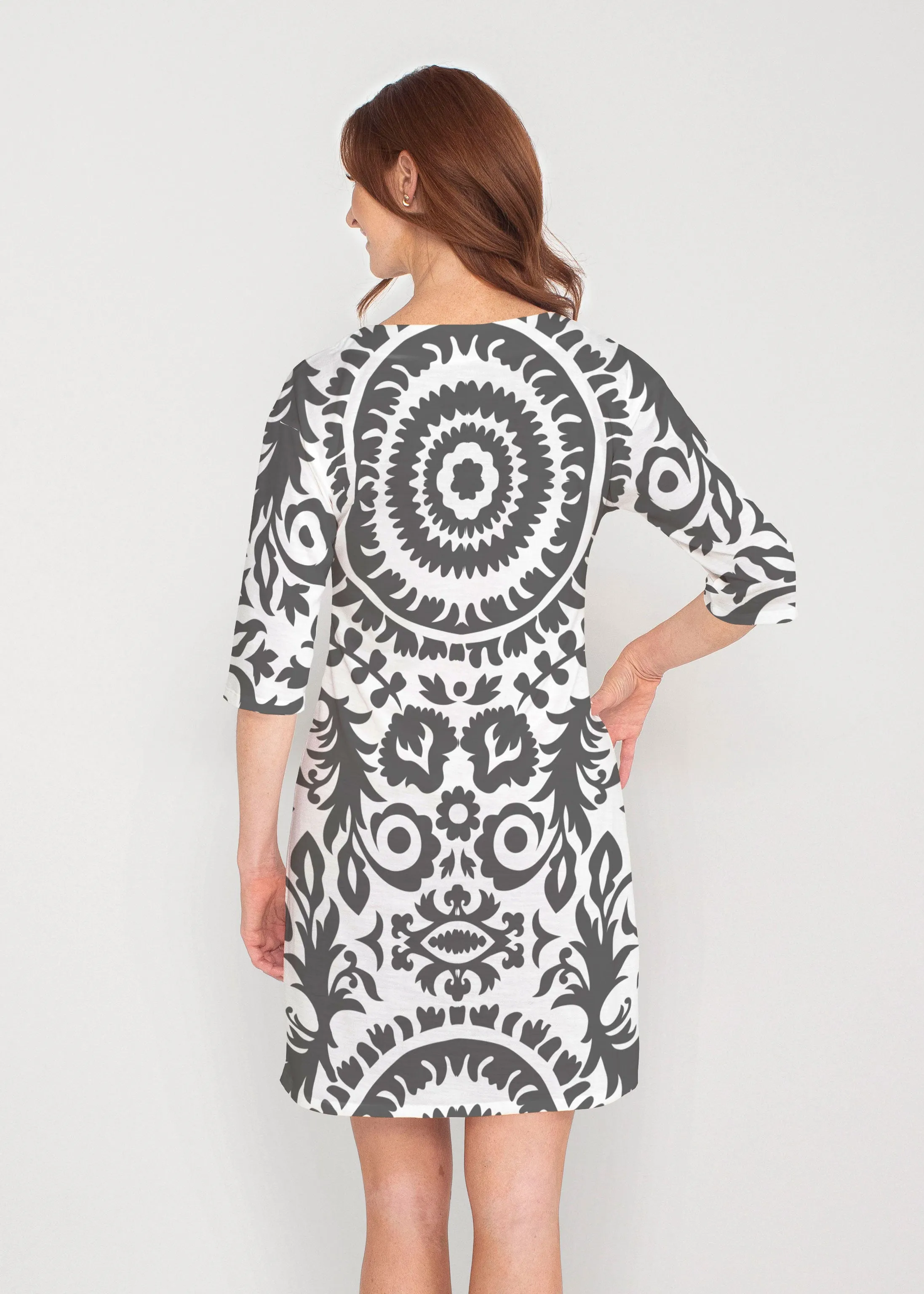 World of Swirls (14265) ~ Drop Shoulder 3/4 Sleeve V-Neck Dress