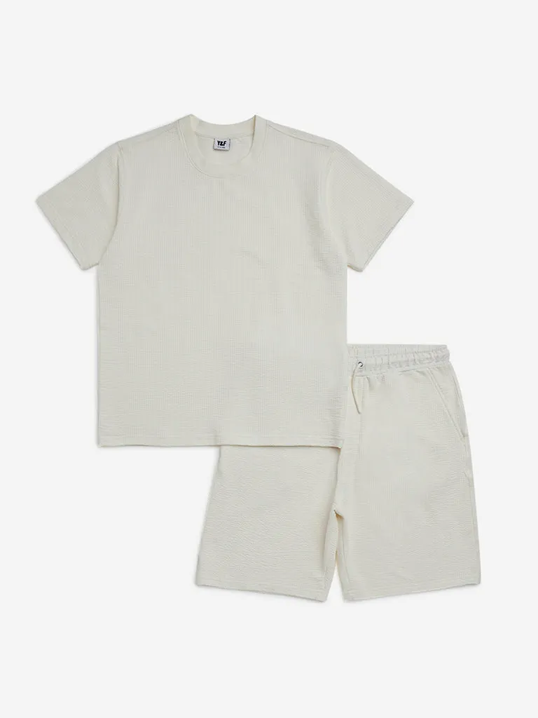 Y&F Kids Off-White Cotton-Blend T-Shirt with Shorts Set