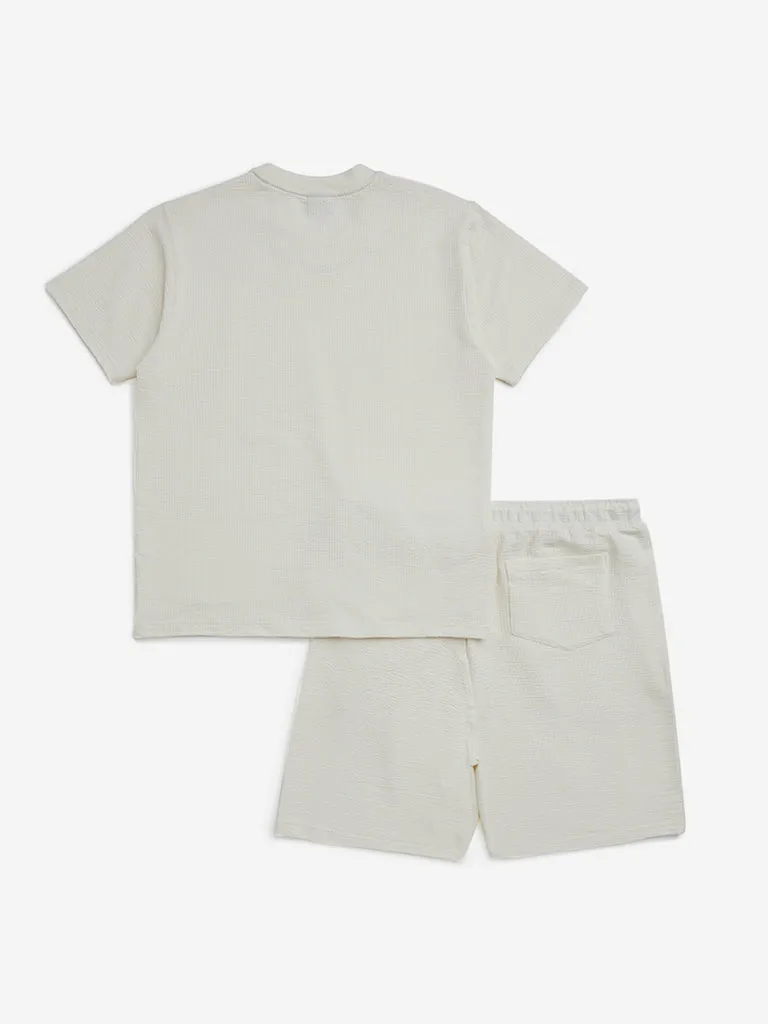 Y&F Kids Off-White Cotton-Blend T-Shirt with Shorts Set