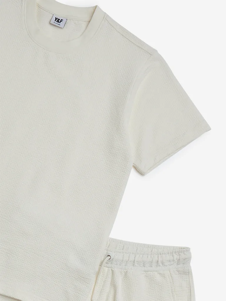 Y&F Kids Off-White Cotton-Blend T-Shirt with Shorts Set