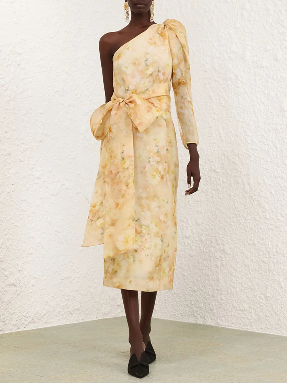Yellow Floral Crush Asymmetrical Midi Dress