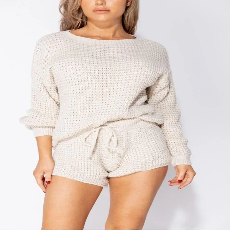 You Gots To Chill Waffle Knit Short Set in Barely Beige